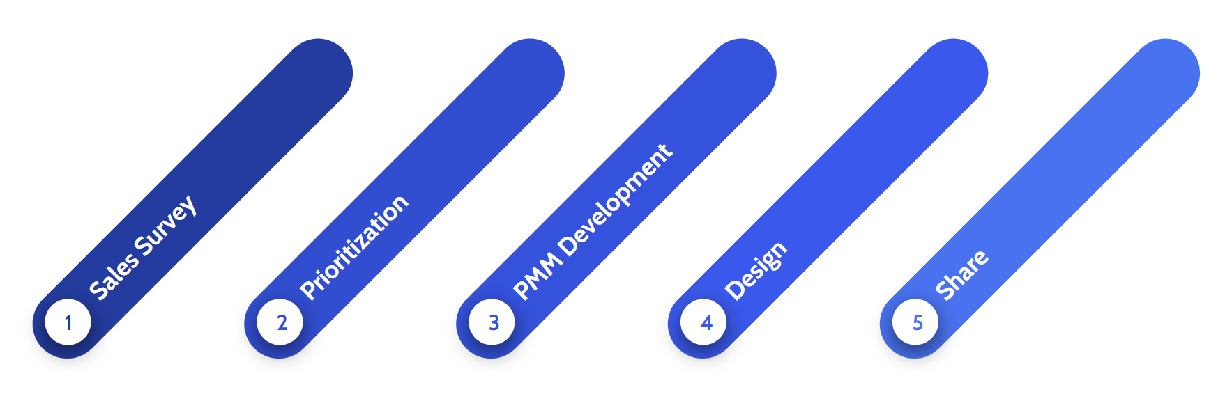 1. sales survey. 2. prioritization. 3. PMM development. 4. design. 5. share. 