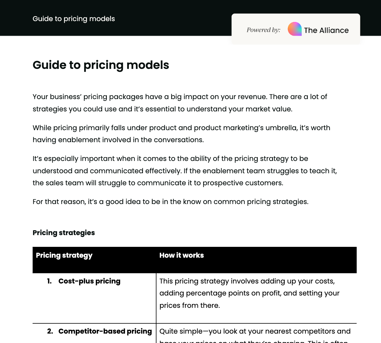 Guide to pricing models