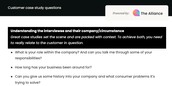 Customer case study questions template